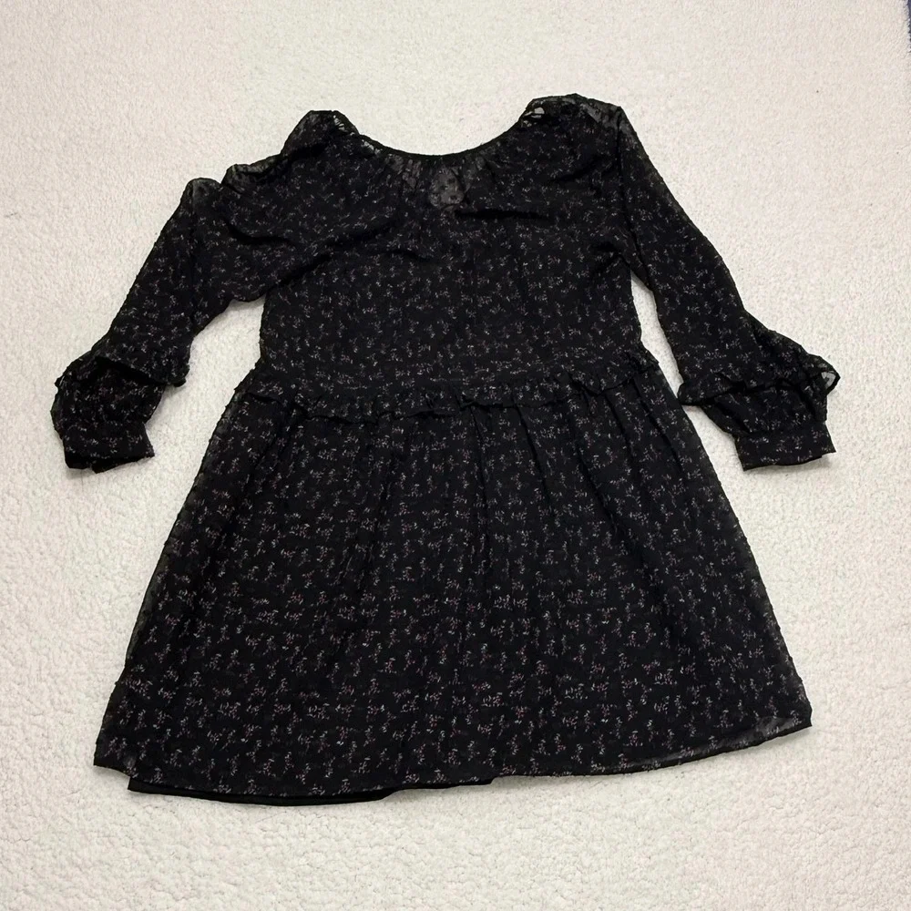 Zara Basic Black Floral Chiffon Mini Dress XS‎ Sheer Long Sleeve Ruffle Trim